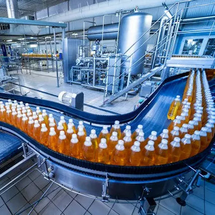A curved conveyor belt in a large industrial facility carrying many clear bottles filled with amber-orange liquid, with blue-gray machinery and piping in the background.