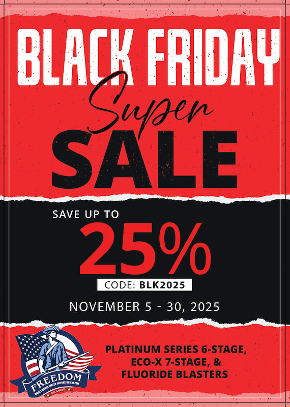 Black Friday sale flyer with promotional text and a discount code on a red and black background.