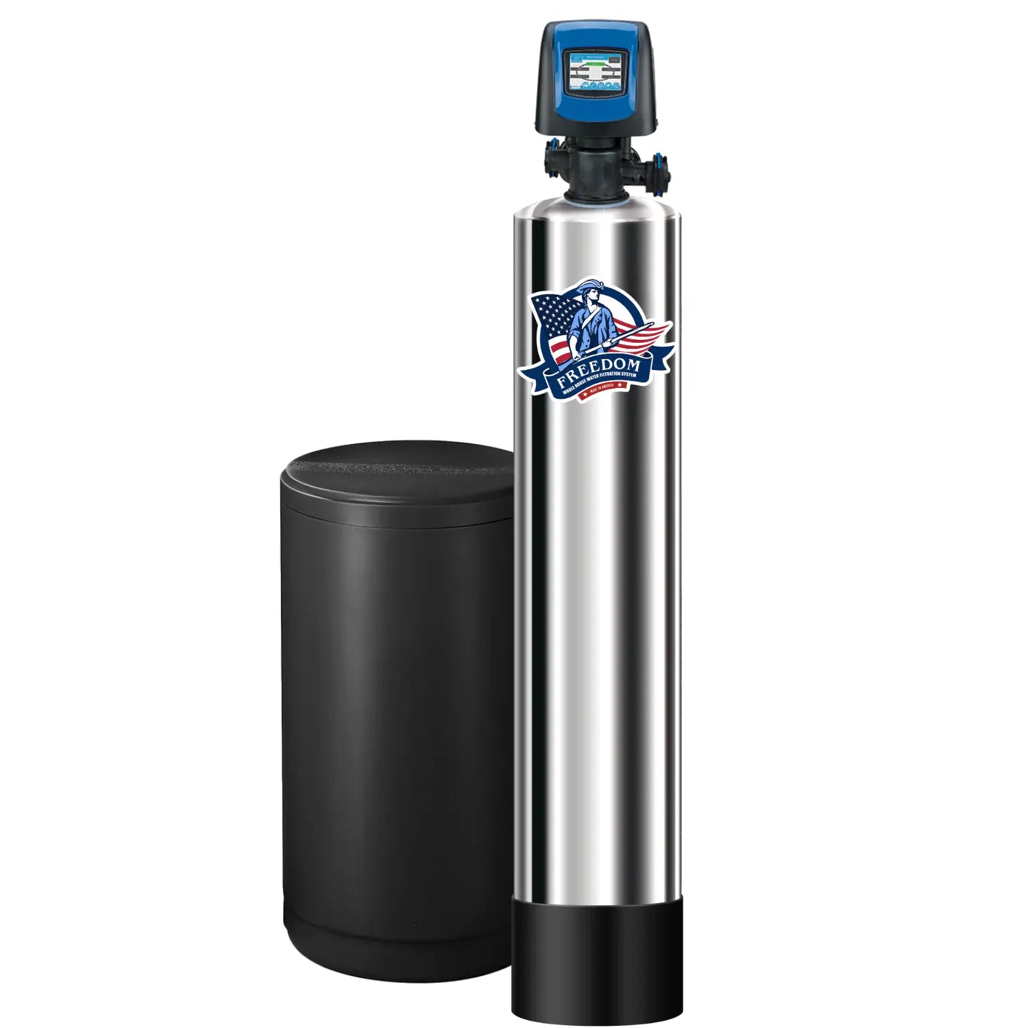 A stainless steel water filter system with a black cylindrical canister and a blue digital control unit on top, shown against a plain white background.