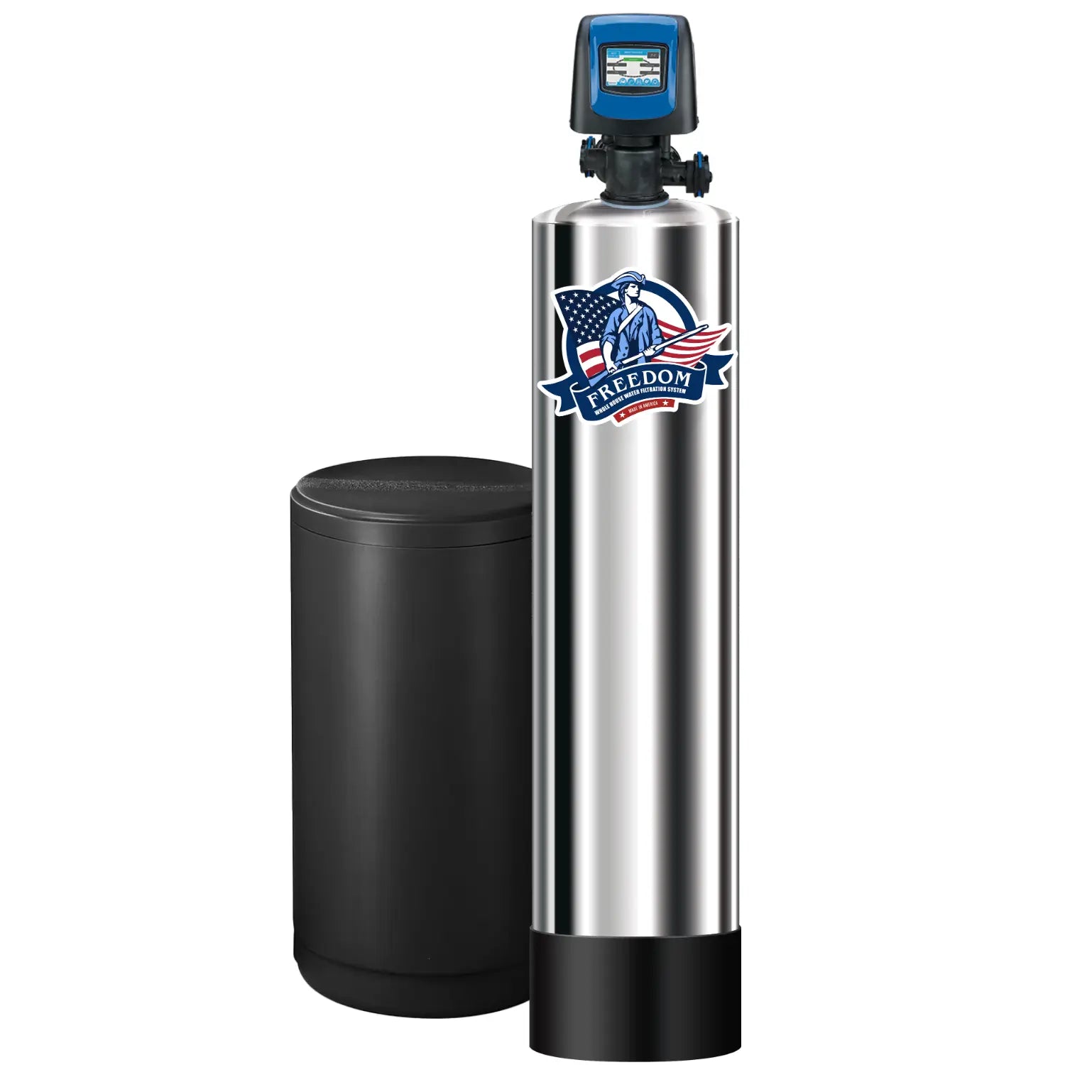 A stainless steel water filter tank with a black cylindrical canister and a blue top control unit, featuring a Freedom brand logo on the front, set against a plain white background.