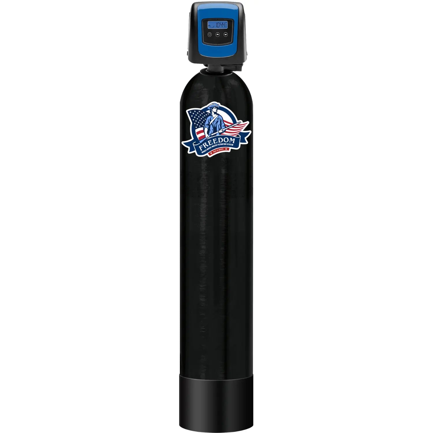 A black cylindrical water filter tank with a blue top control unit and a Freedom brand logo decal on the front, set against a plain white background.