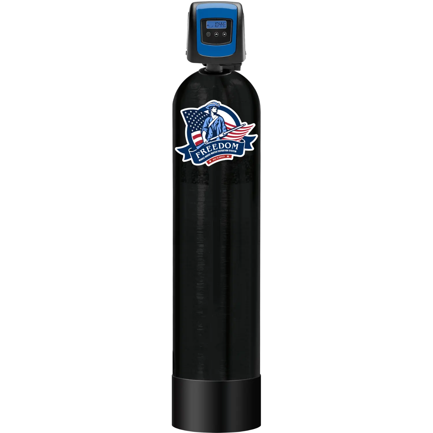 A black cylindrical water filter tank with a blue top control housing and a central Freedom brand decal, isolated on a white background.