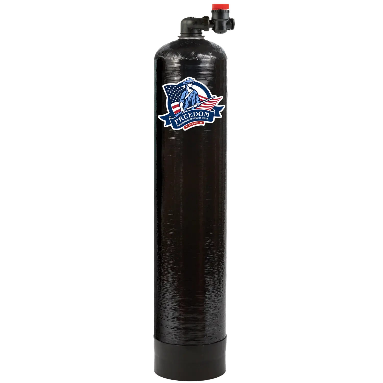 A tall black cylindrical water filter tank with a top valve assembly and a Freedom Brand logo decal on the front, isolated on a white background.