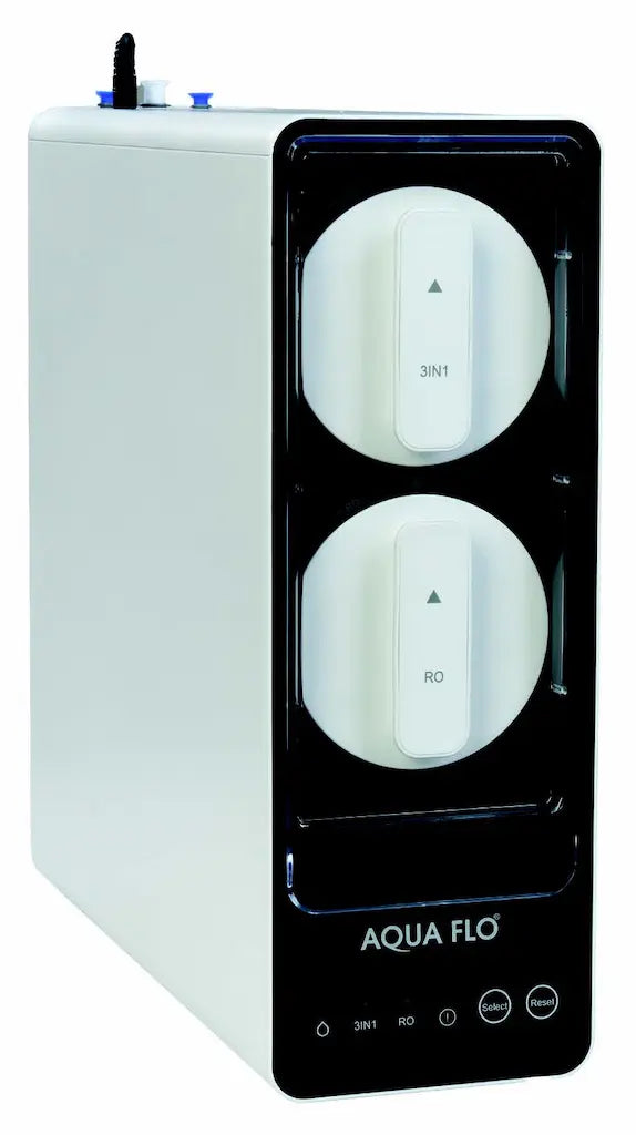 Aqua Flo control panel with two white knobs on a black background