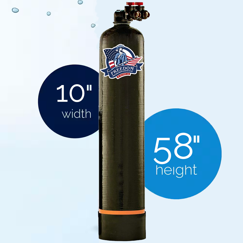 Whole house water filtration system cross-section demonstrating salt-free multi-layer filtration.