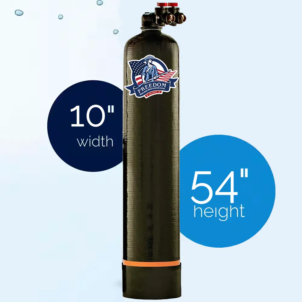 Water filter with dimensions labeled on a light blue background