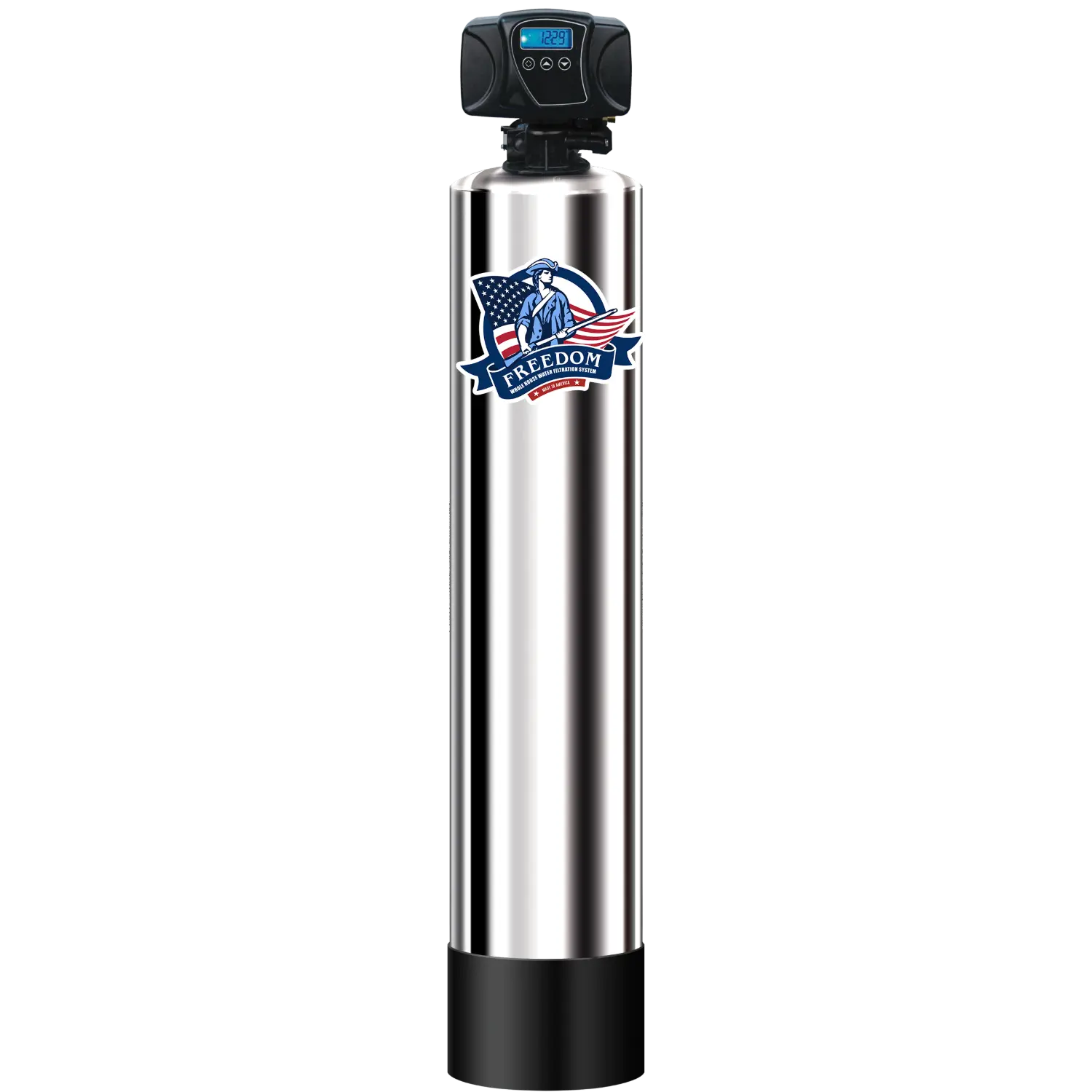 A stainless steel water filter tank with a black top control unit and a black base, featuring a Freedom Water Company logo on the front.