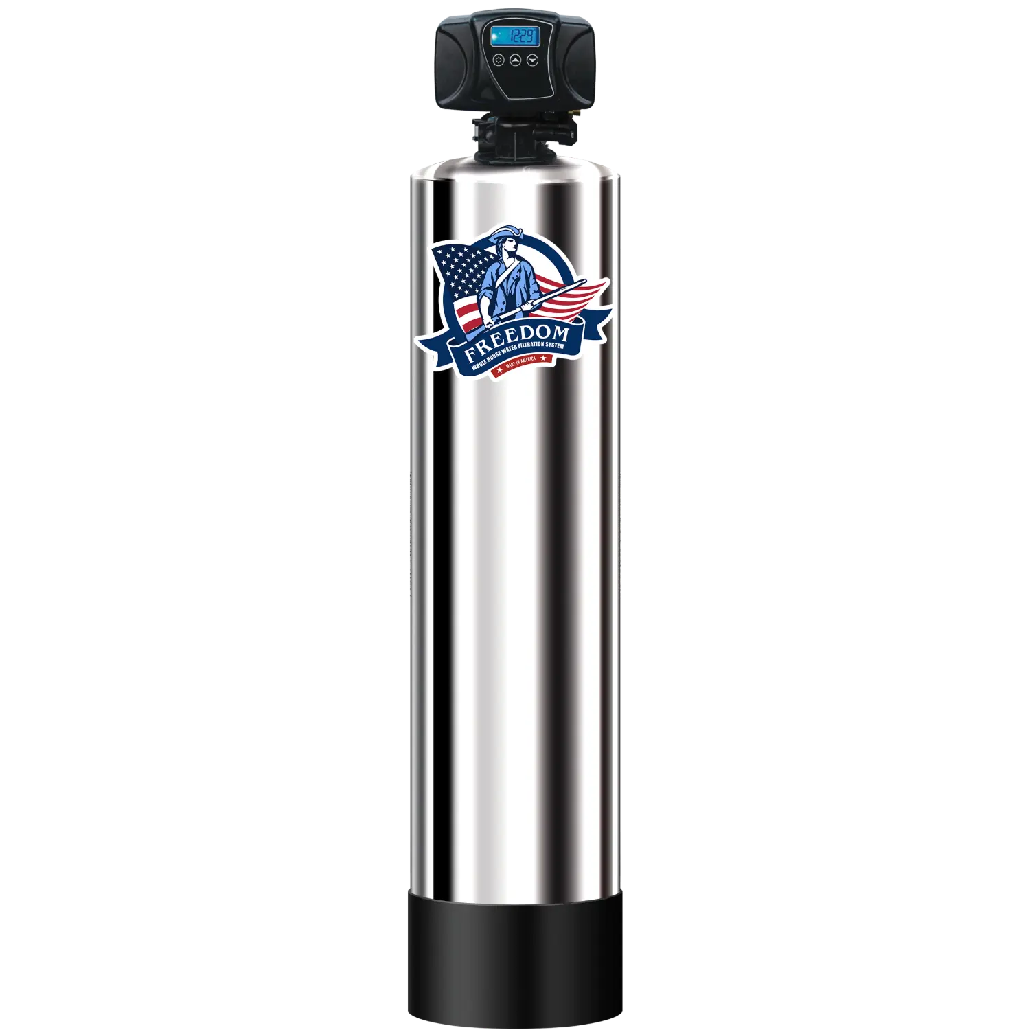 A stainless steel water filter canister with a black top controller and a black base, featuring a blue, red, and white Freedom Water logo on the front.