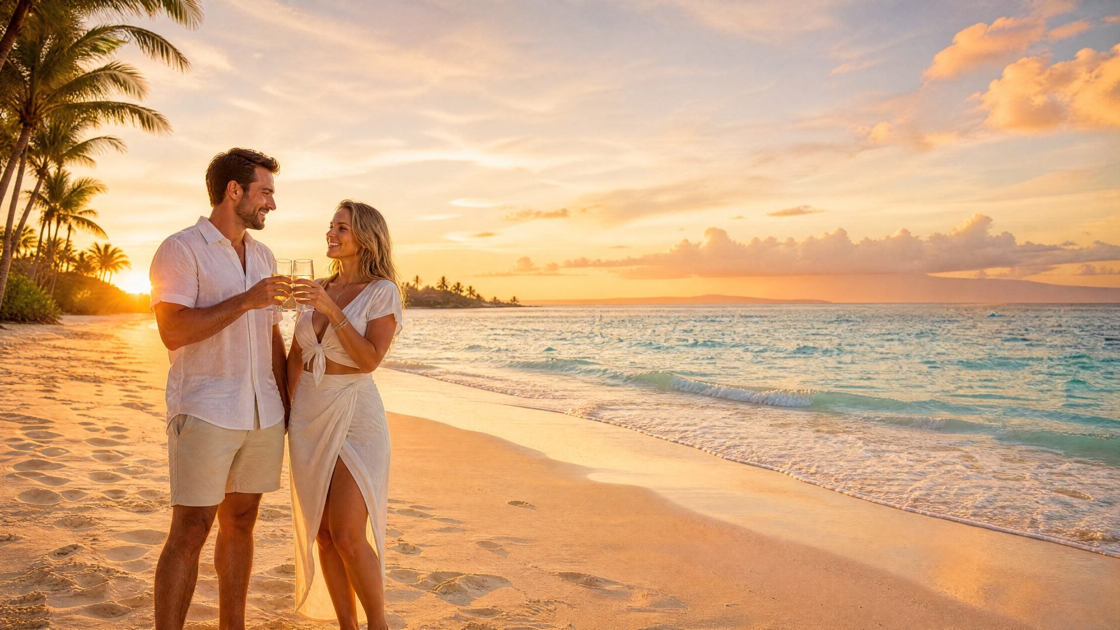 Couple toasting with glasses of water on a white sand beach at golden hour