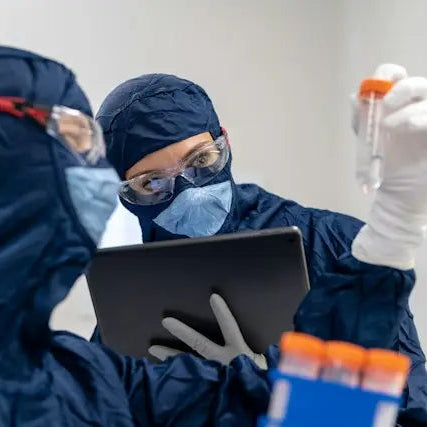 Two medical workers in blue protective suits and masks examine a tablet while one holds up a small test tube with an orange cap in a clinical setting.