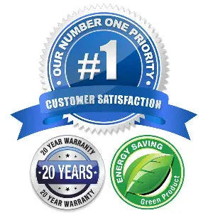 Three circular promotional badges on a white background: a large blue '#1 Customer Satisfaction' seal, a silver '20 Year Warranty' seal, and a green 'Energy Saving Green Product' seal with a leaf.